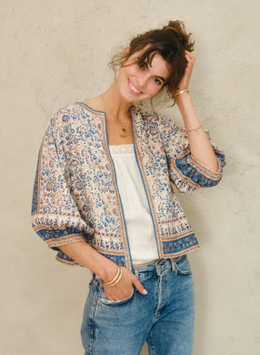Cass Jacket - Floral Blockprint Pattered Cotton Gathered Jacket