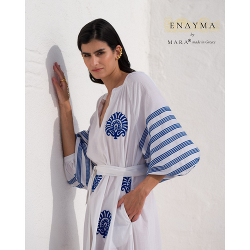 “Greek Blue” embroidered cotton dress